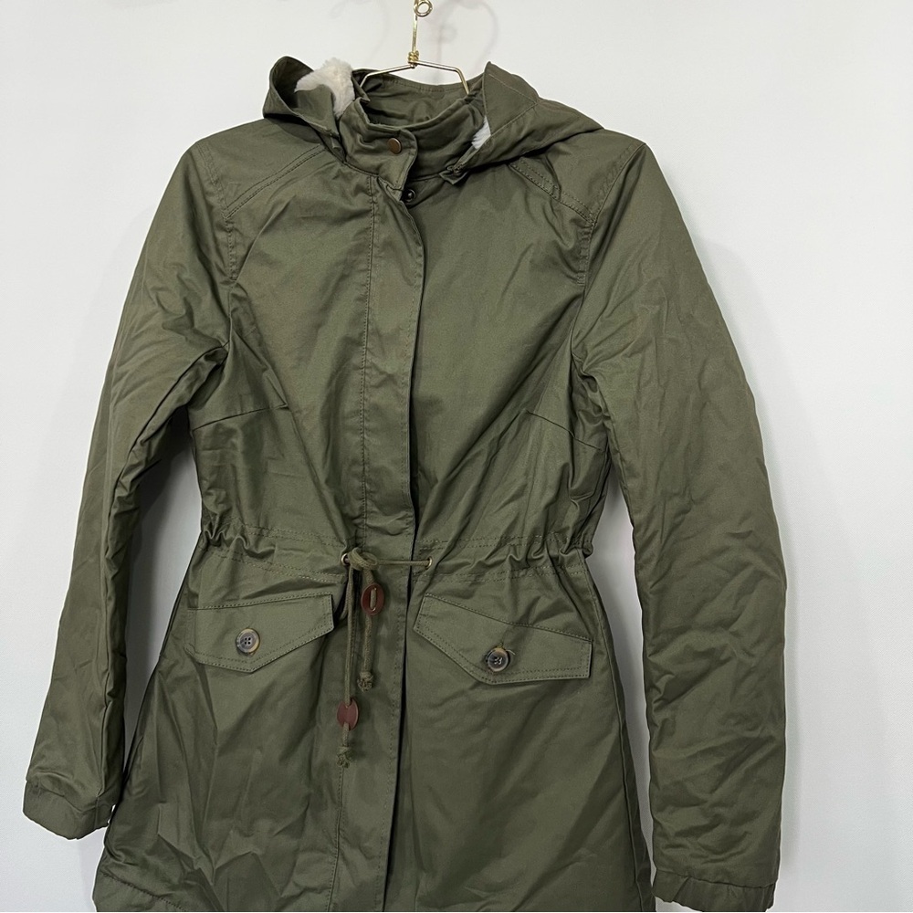 Jacket Quilted Lined Olive Green Size Large With Removable Faux Fur Hood Cotton - Picture 9 of 12